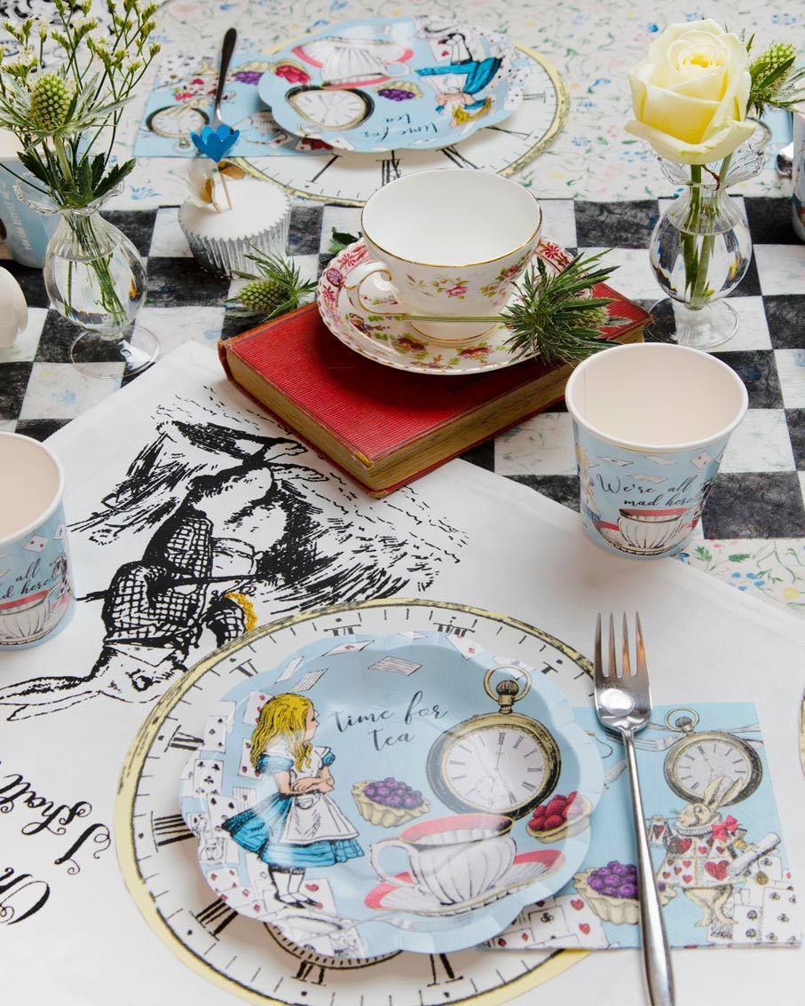 Alice in Wonderland Party Decorations and Tableware for 16 Guests | Mad Hatter Bunting, Plates, Napkins, Cups, Table Cover for Birthday, Baby Shower