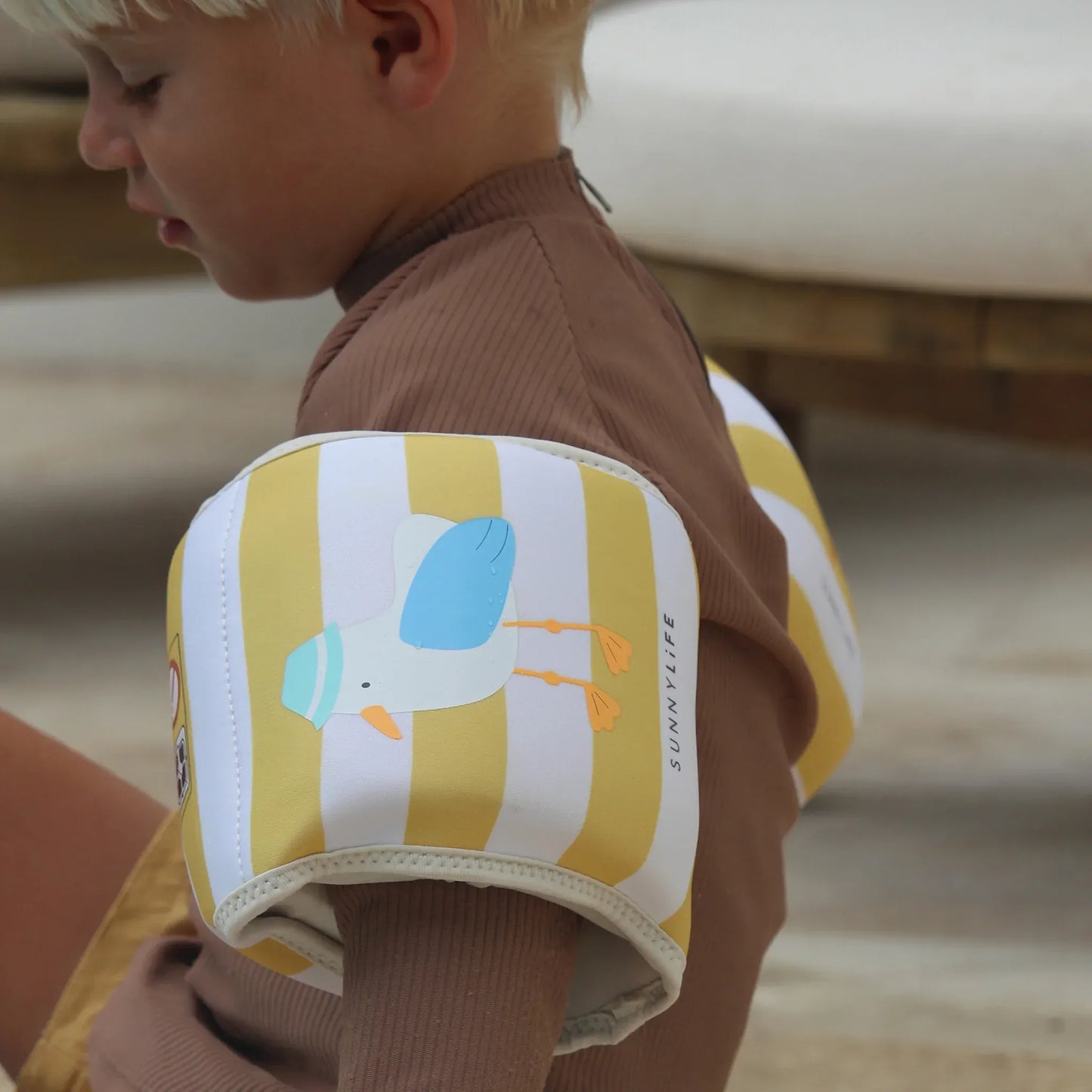Sid the Seagull Mustard Stripe Kids Neoprene Arm Bands