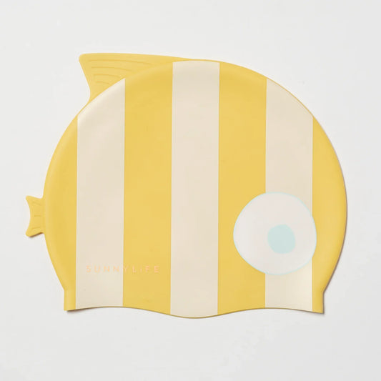 Finn the Fish Mustard Stripe Swimming Cap