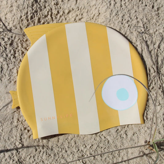Finn the Fish Mustard Stripe Swimming Cap