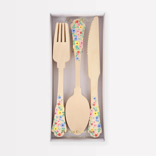 Elegant Floral Wooden Cutlery Set (x24)