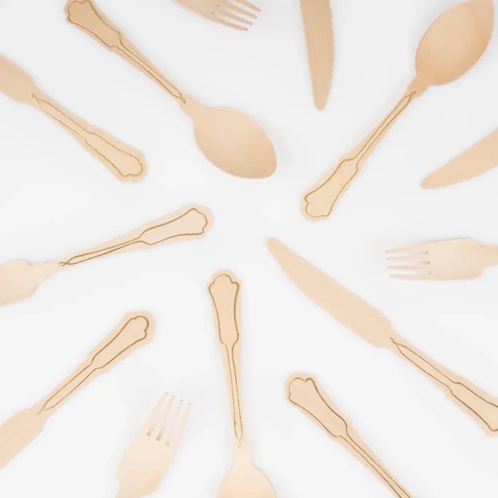 Elegant Gold Foil Detail Wooden Cutlery Set (x24)