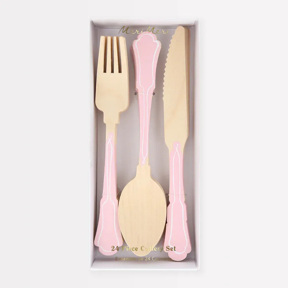 Elegant Pink Wooden Cutlery Set (x24)