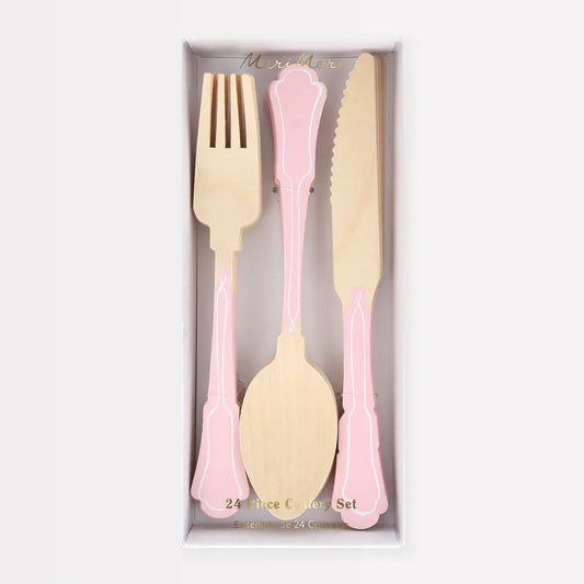 Elegant Pink Wooden Cutlery Set (x24)