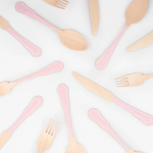 Elegant Pink Wooden Cutlery Set (x24)