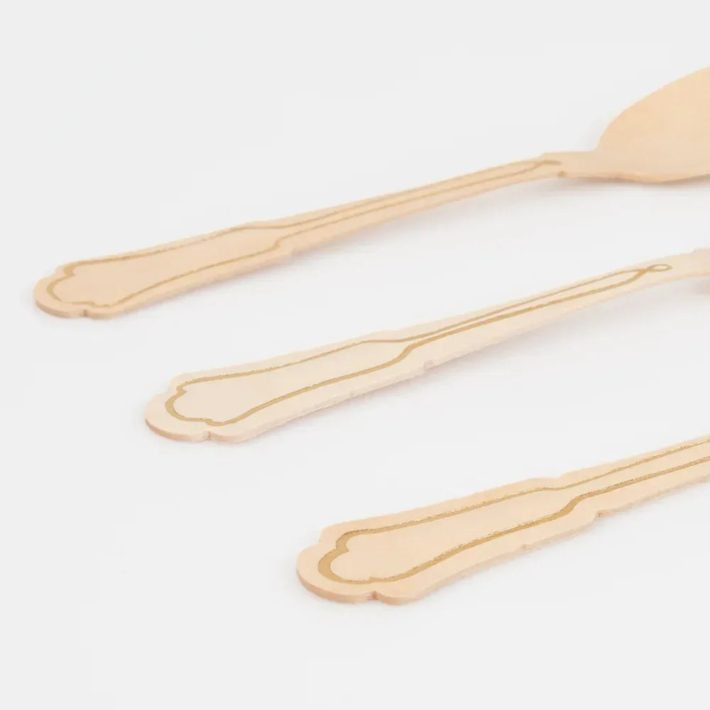 Elegant Gold Foil Detail Wooden Cutlery Set (x24)