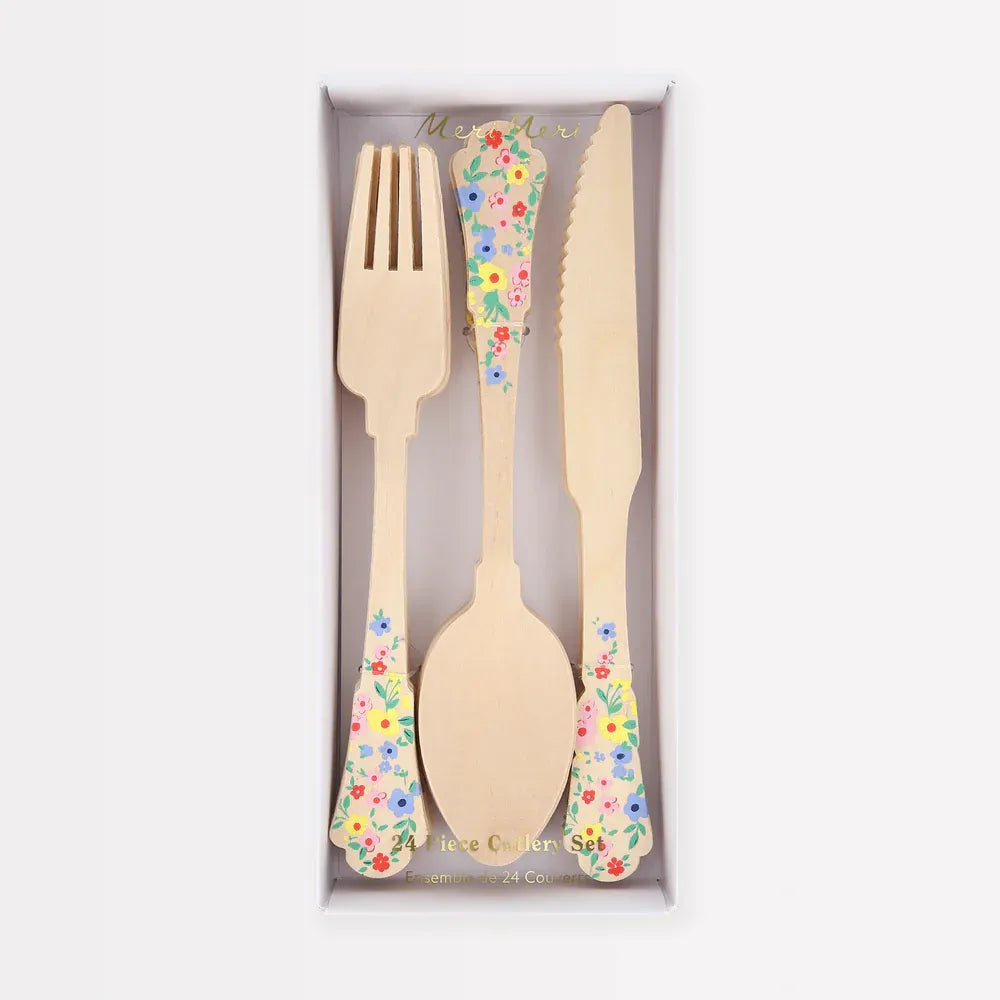 Elegant Floral Wooden Cutlery Set (x24)