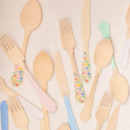 Elegant Floral Wooden Cutlery Set (x24)