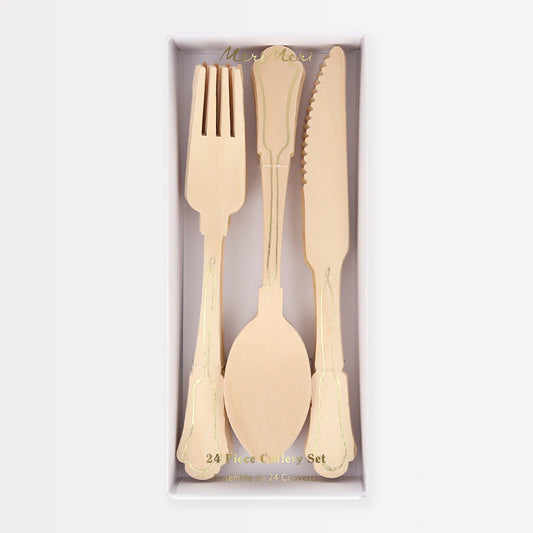 Elegant Gold Foil Detail Wooden Cutlery Set (x24)
