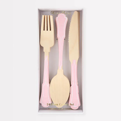 Elegant Pink Wooden Cutlery Set (x24)