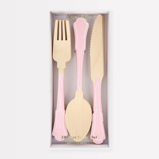 Elegant Pink Wooden Cutlery Set (x24)