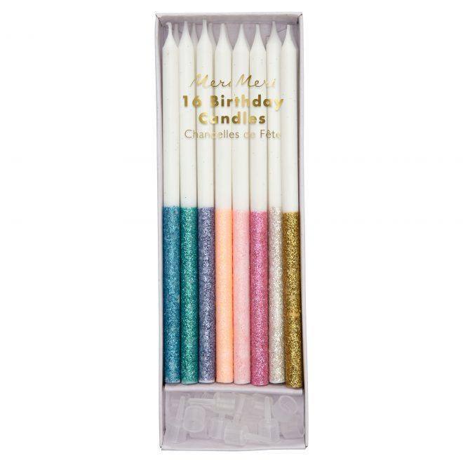 Meri Meri Multicolor Dipped Glitter Candles (set of 16) - partyalacarte.co.in